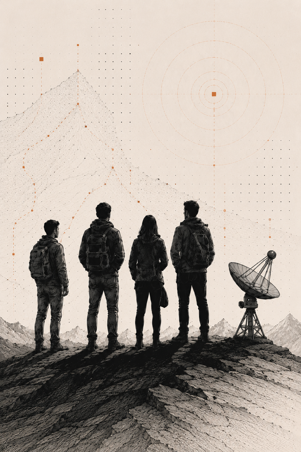 Illustrated defenders surveying a mountain signal landscape