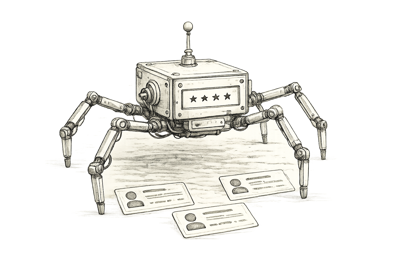 Pen-and-ink illustration of a long-legged spider robot standing over scattered identity cards.