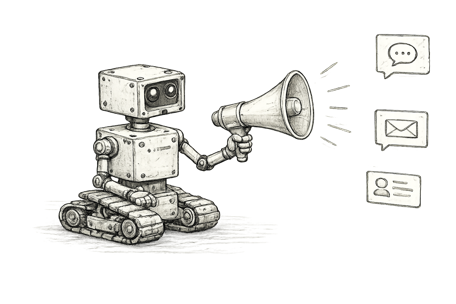 Pen-and-ink illustration of a tracked robot blasting a megaphone with chat, mail, and contact bubbles streaming out.