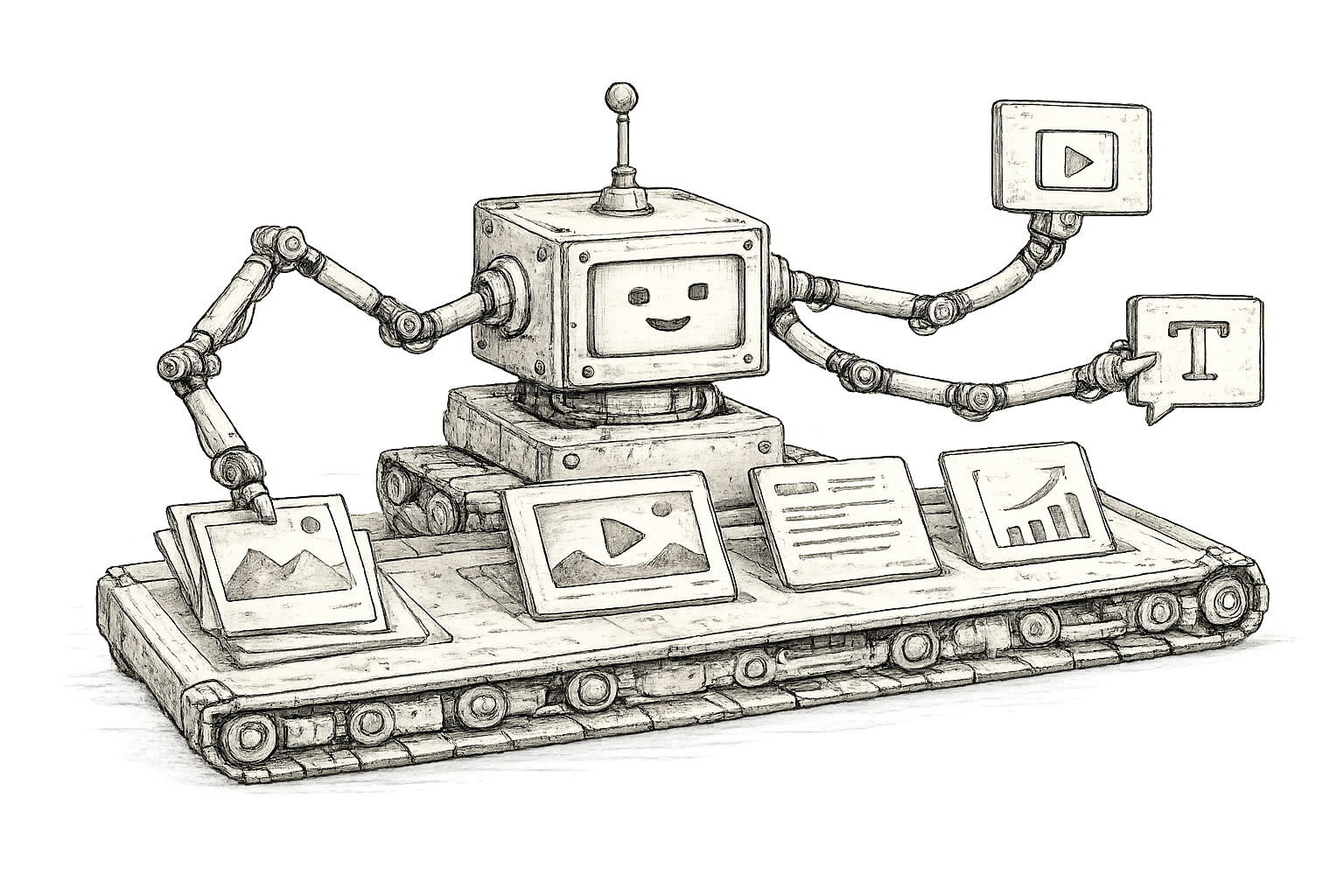 Pen-and-ink illustration of a robot on a conveyor belt extruding image, video, article, and chart cards.