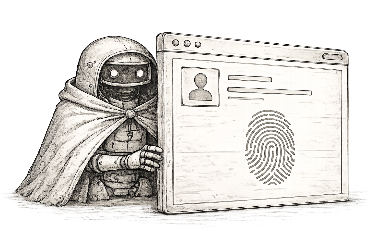 Pen-and-ink illustration of a hooded robot beside a browser window showing a profile and a large fingerprint.