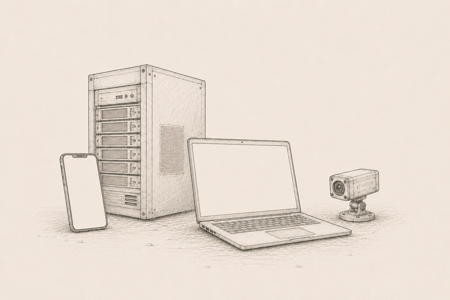 Pen-and-ink illustration representing the hardware and device layer — a stylized device cross-section with clock, sensor, and display motifs.