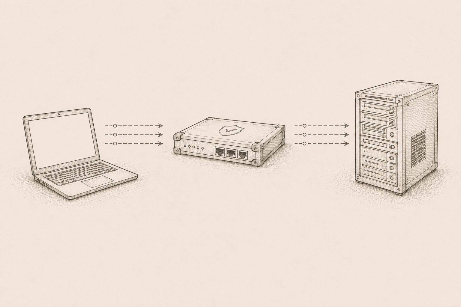 Pen-and-ink illustration representing the transport layer — TLS handshake shapes, HTTP/2 frames, and header glyphs.
