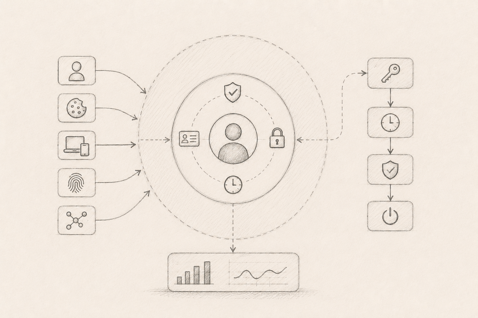 Pen-and-ink illustration representing the identity layer — interconnected account nodes, cookie trails, and session lineage threads.