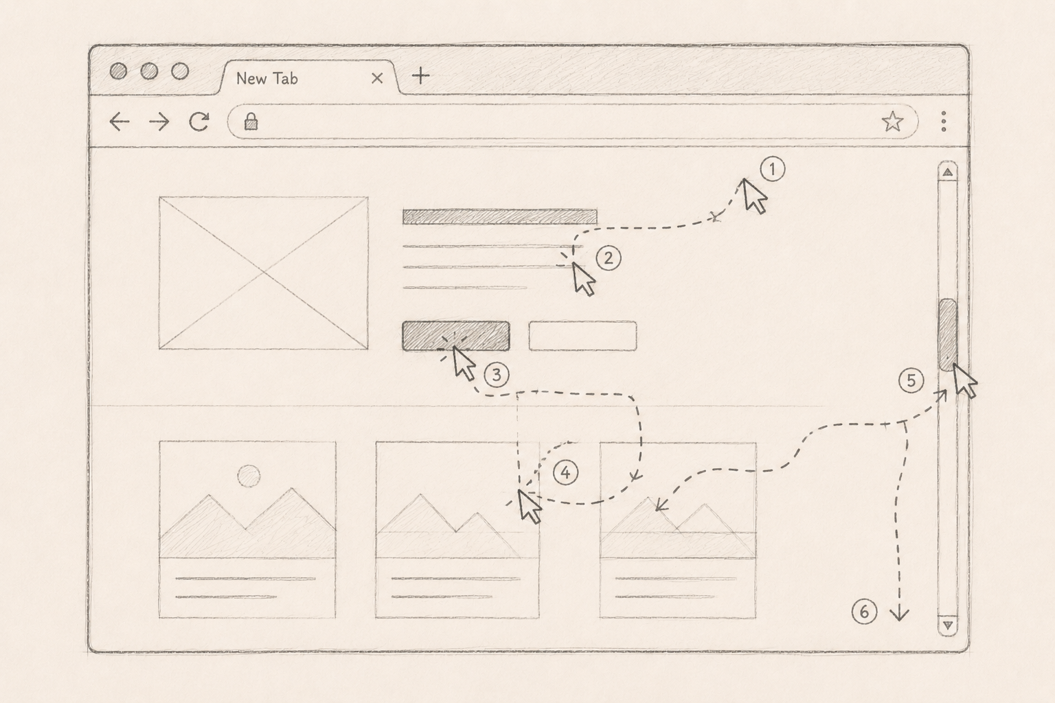 Pen-and-ink illustration representing the behavior layer — mouse paths, keystroke cadence, scroll, and dwell traces.